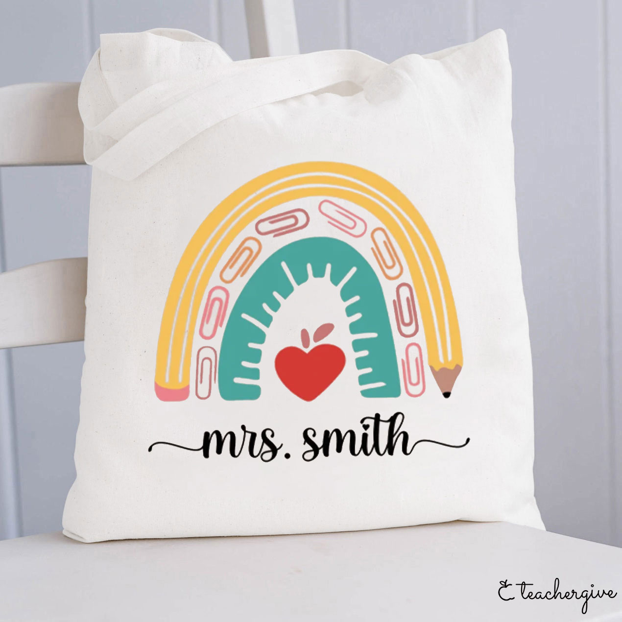Personalized Love Heart Apple Teacher Tote Bag
