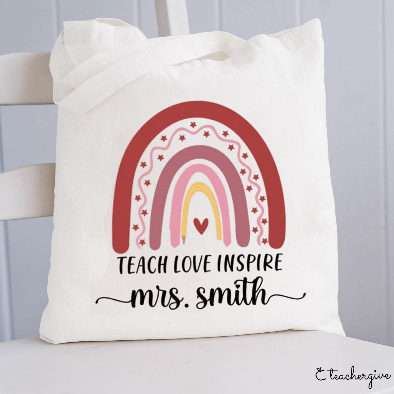 Personalized Teach Love Inspire  Pink Rainbow Teacher Tote Bag