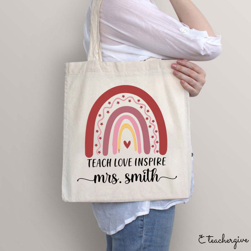 Personalized Teach Love Inspire  Pink Rainbow Teacher Tote Bag