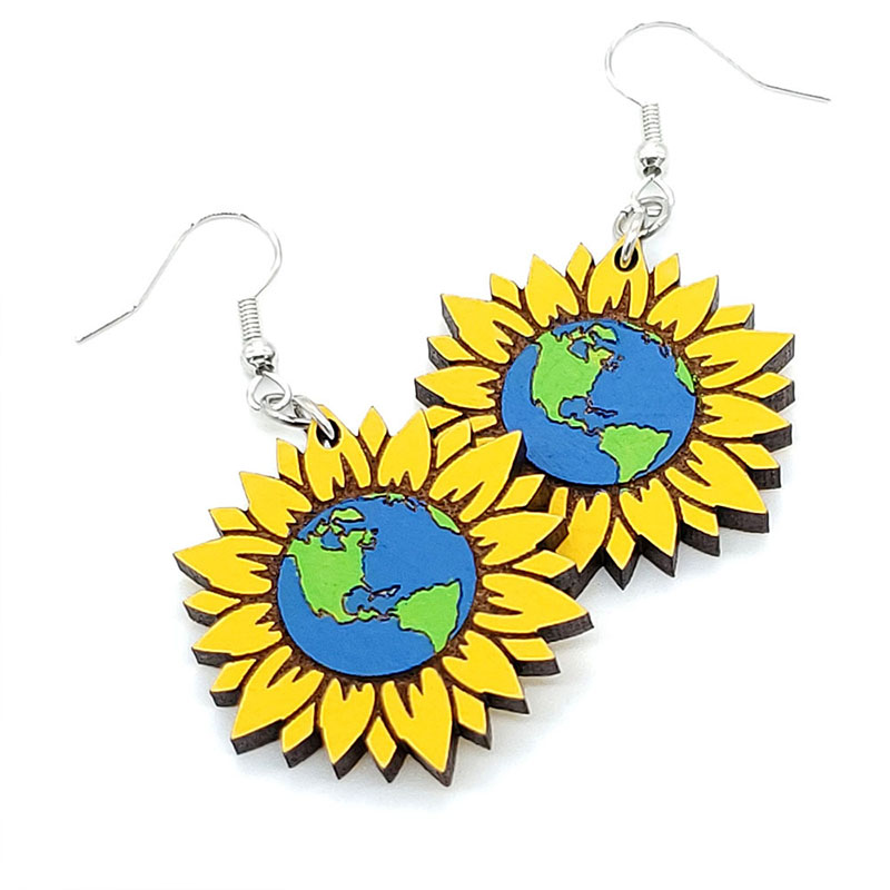 Earth Sunflower Teacher Wooden Earrings