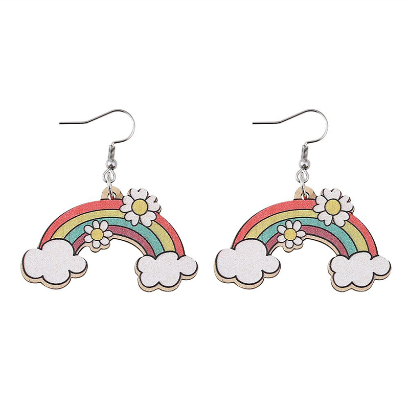Candy Rainbow Cloud Sunflower Teacher Wooden Earrings