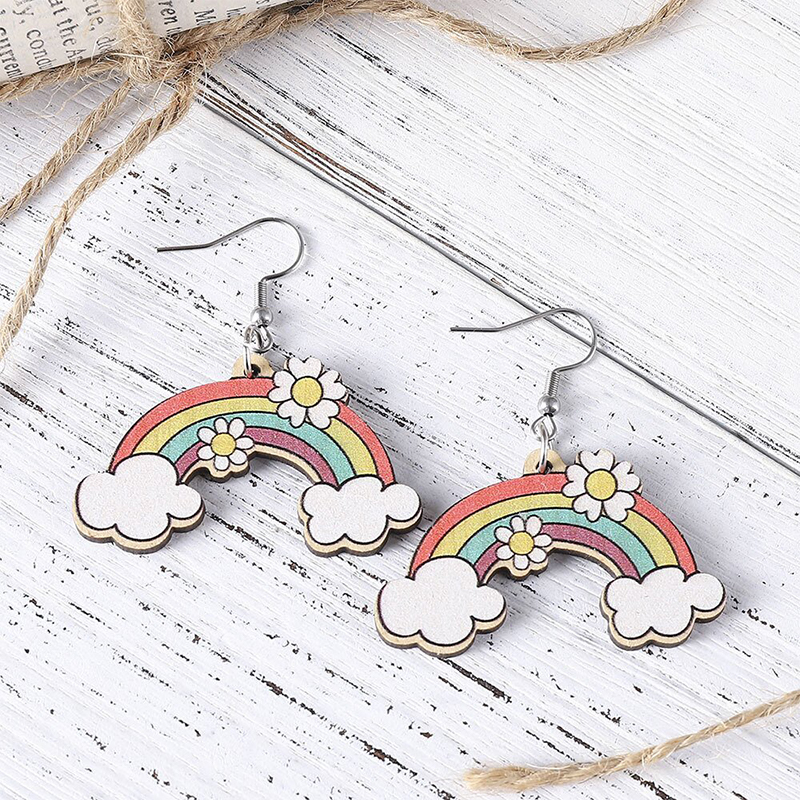 Candy Rainbow Cloud Sunflower Teacher Wooden Earrings