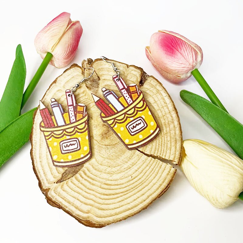 Happy Teacher's Day Pen Holder Teacher Wooden Earrings