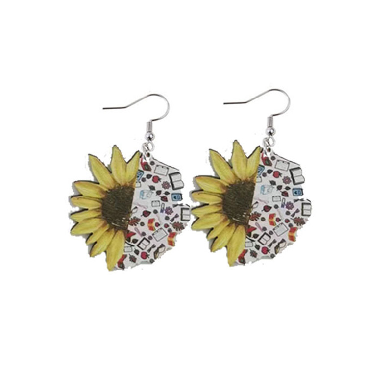 Books And Half Sunflower Teacher Wooden Earrings