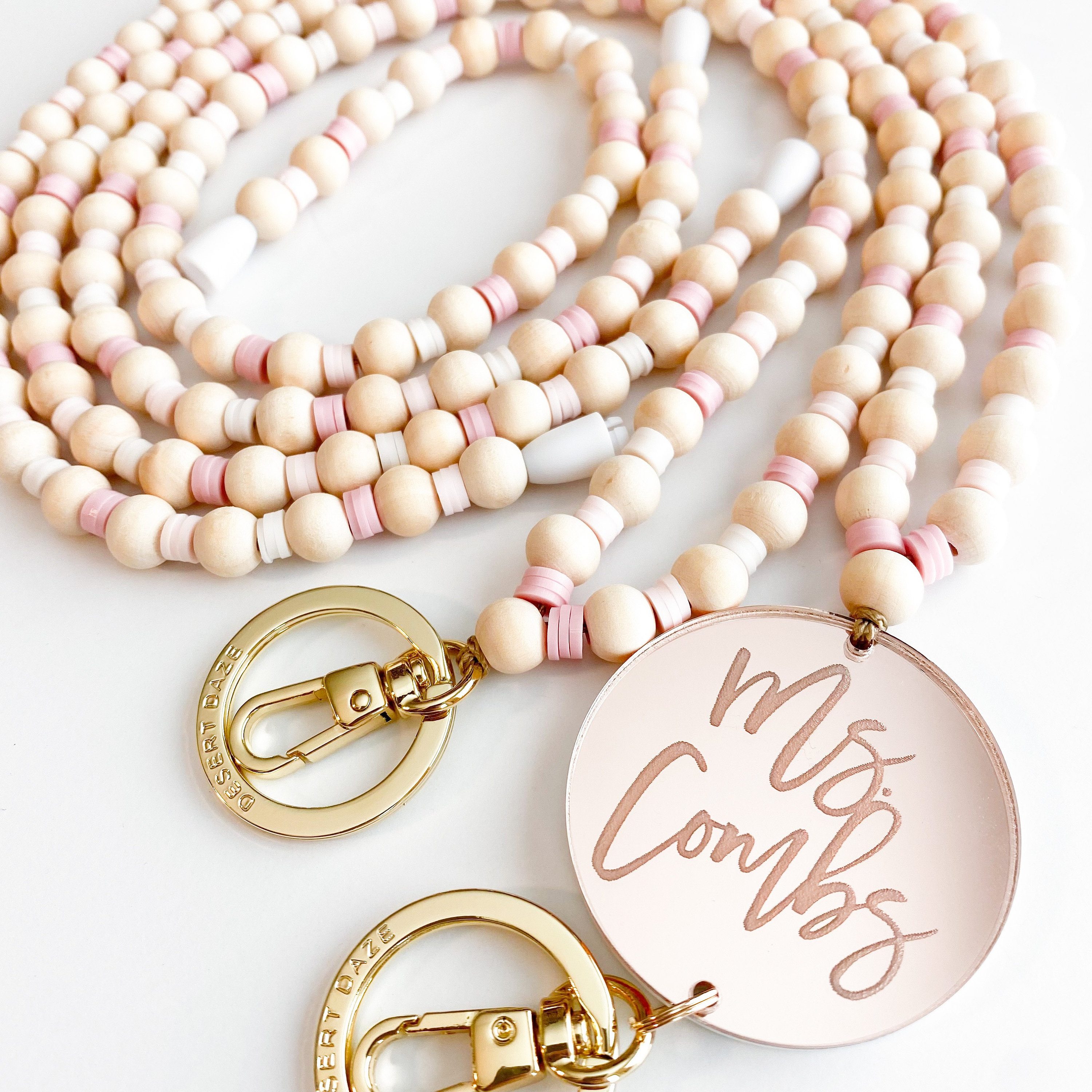 Personalized Pink White Stripe Beaded  Lanyard