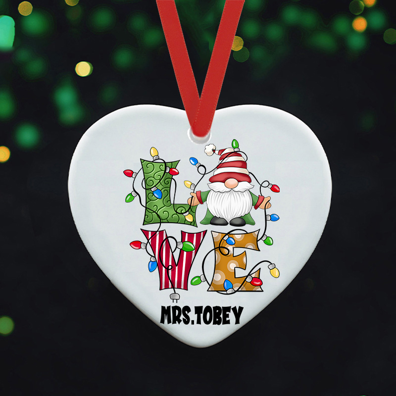 Personalized Love Gnomes Teacher Ceramic Christmas Ornament