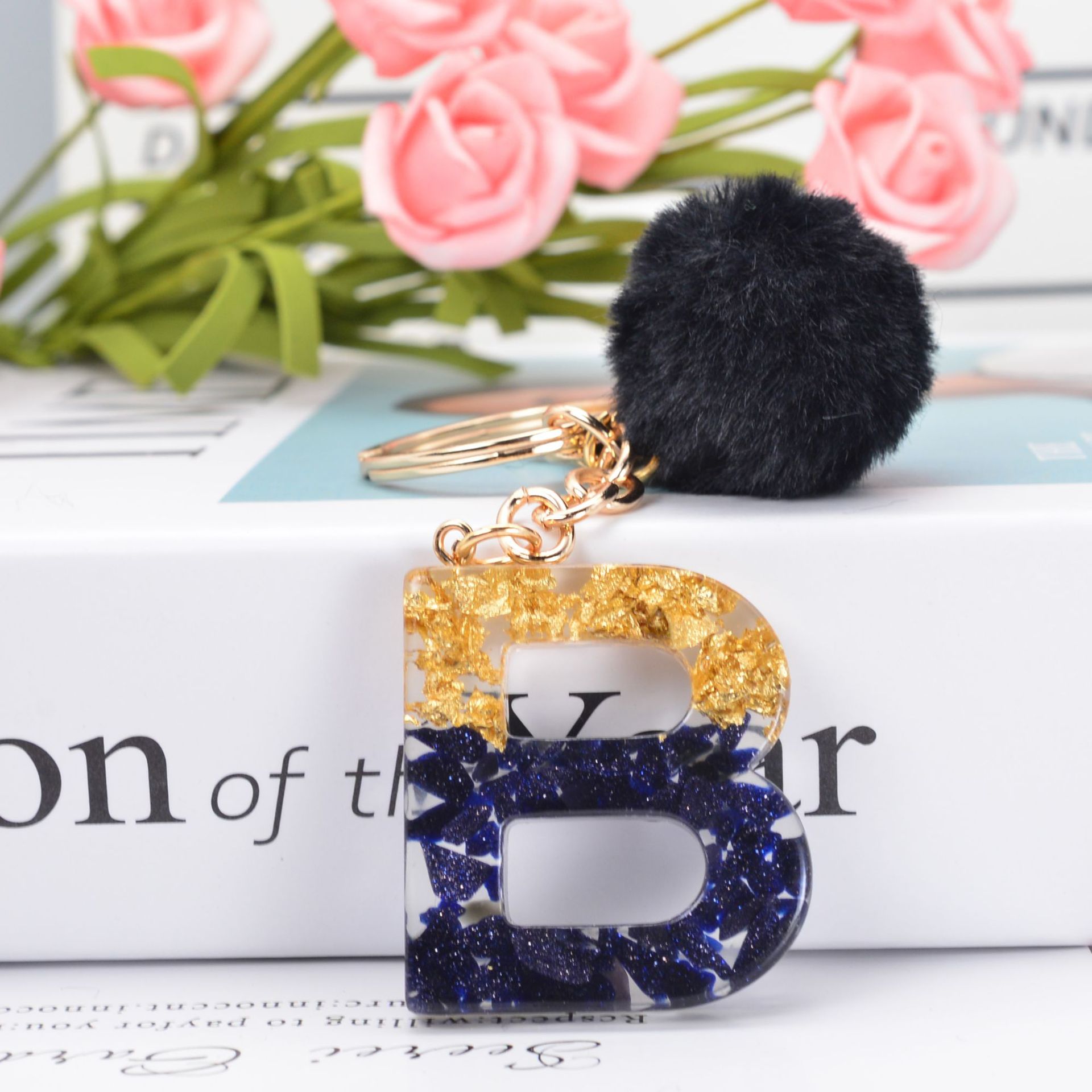 Black Crystal Drop Glue 26 Letter Keychain