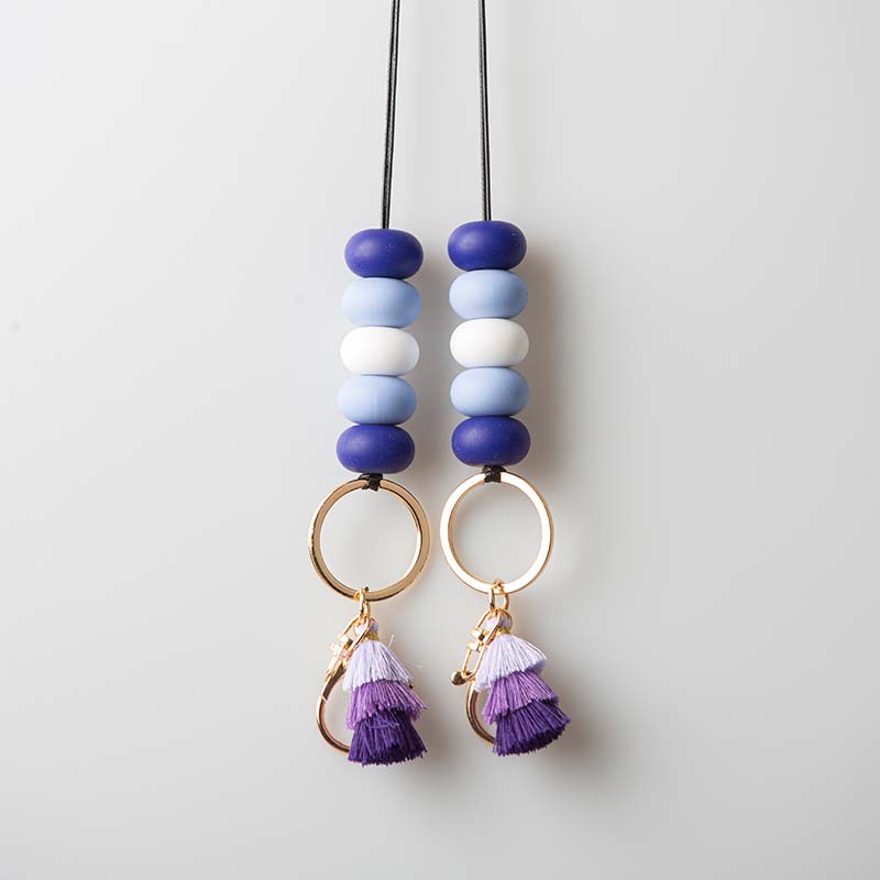 Blue Beads Rainbow Tassels Lanyard