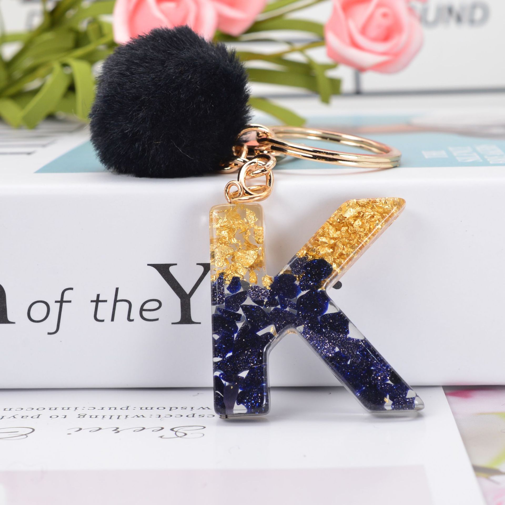 Black Crystal Drop Glue 26 Letter Keychain