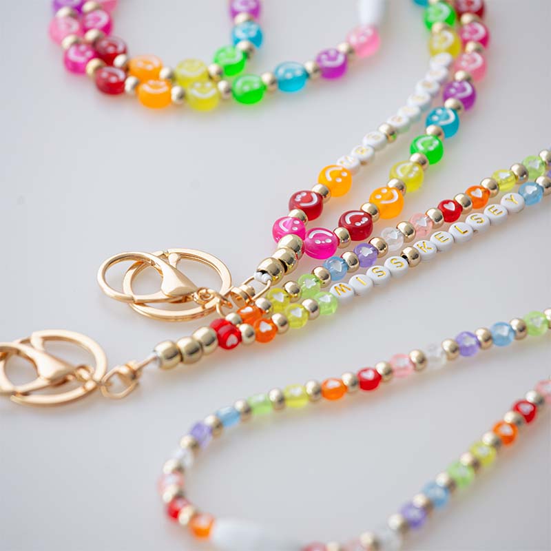Personalized Teacher Name Rainbow Colors Smiles And Hearts  Beaded Lanyard