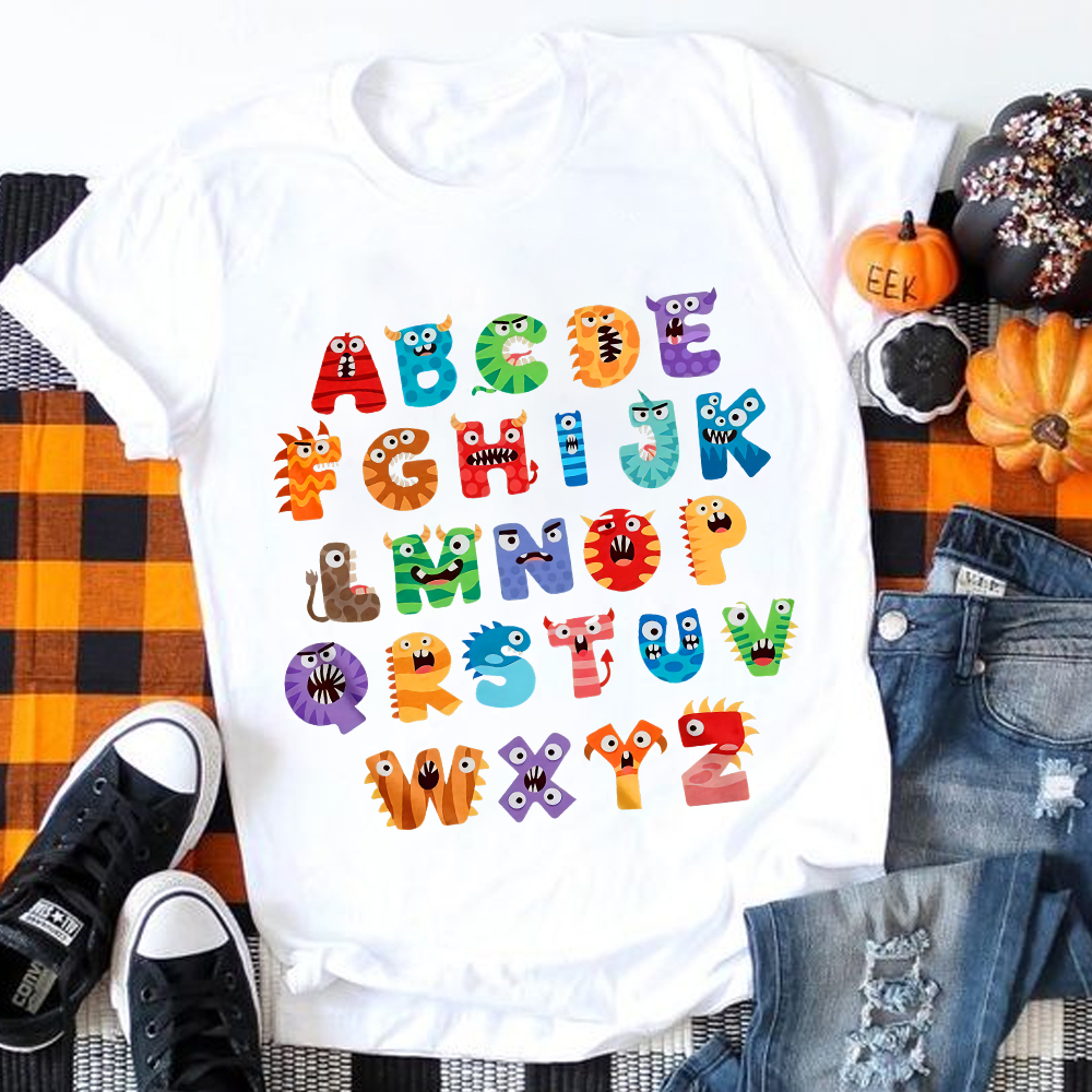 Cute Halloween Monster Alphabet School T-Shirt