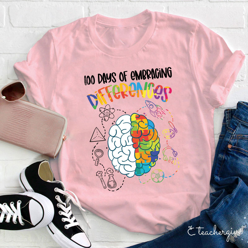 100 Days Of Embracing Differences Puzzle Brain Rocket Teacher T-Shirt