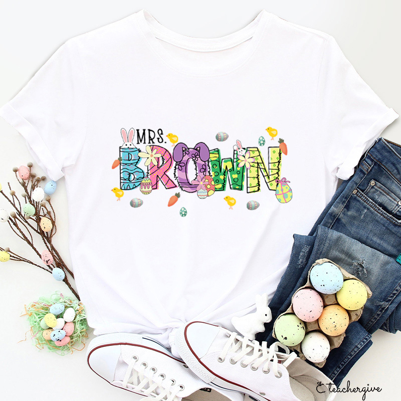 Personalized Easter Bunnies Hoppy Day Teacher T-Shirt