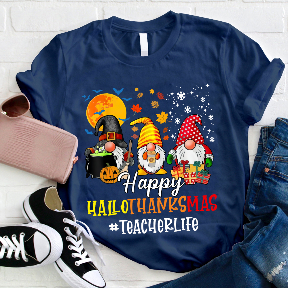 Happy Hallothanksmas Teacher's Busy Life Teacher T-Shirt