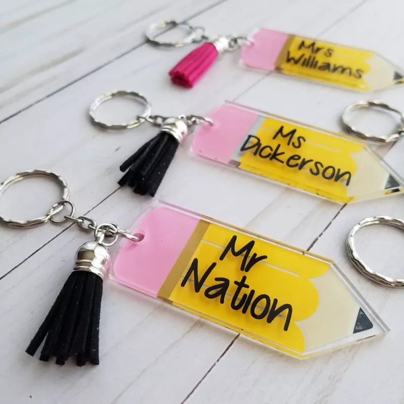 Personalized Teacher Acrylic Pencil Keychain With Tassel