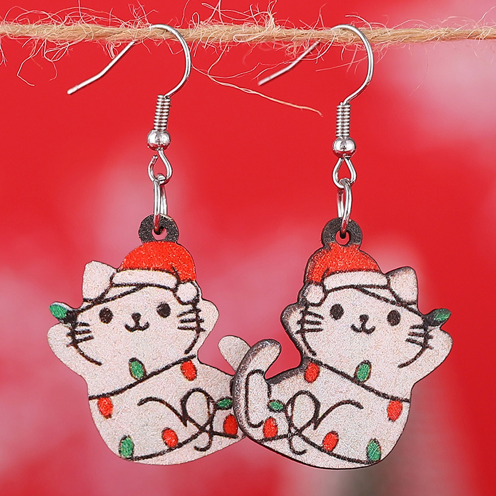 Colored Ligth Cat Teacher Wooden Earrings