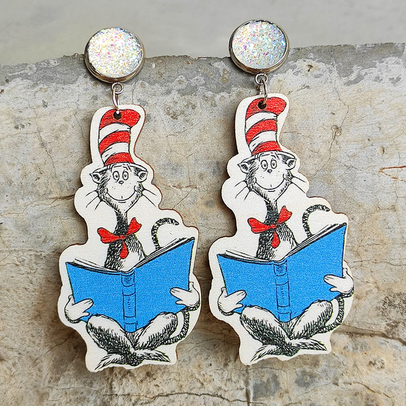 Cute Cat Reading Books  Wooden Earrings