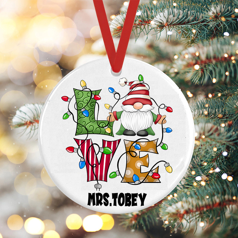Personalized Love Gnomes Teacher Ceramic Christmas Ornament