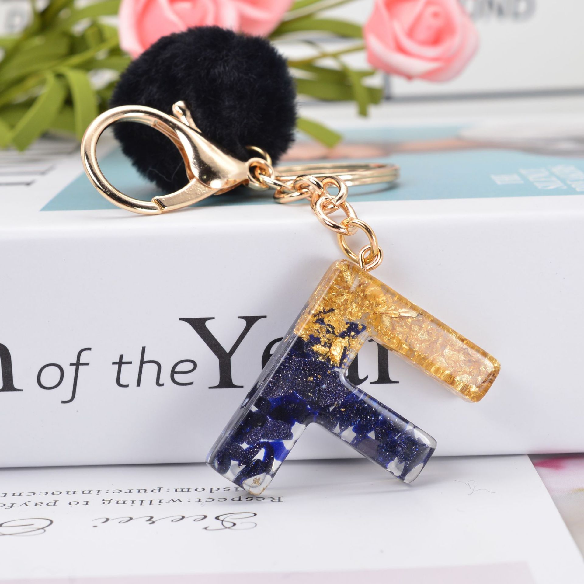 Black Crystal Drop Glue 26 Letter Keychain