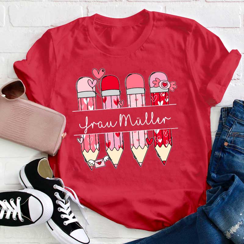 Personalisiert Rosa Bleistift Name Lehrer T-Shirt
