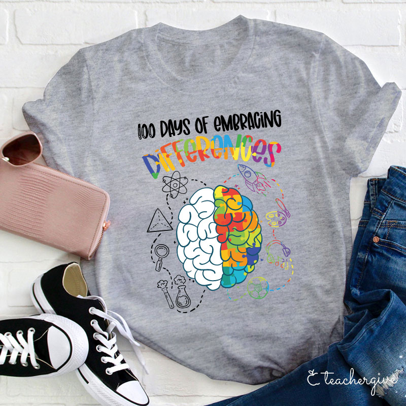 100 Days Of Embracing Differences Puzzle Brain Rocket Teacher T-Shirt