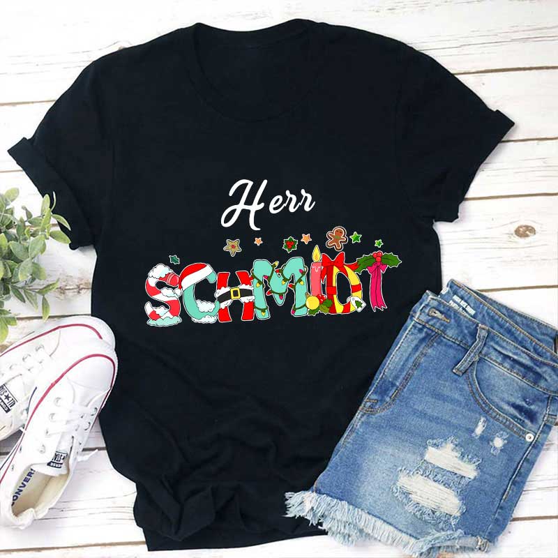 Weihnachten Personalisiertes Name Lehrer T-Shirt