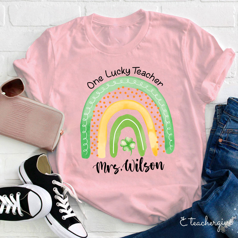 Personalized Name One Lucky Teacher Clover Rainbow Teacher T-Shirt