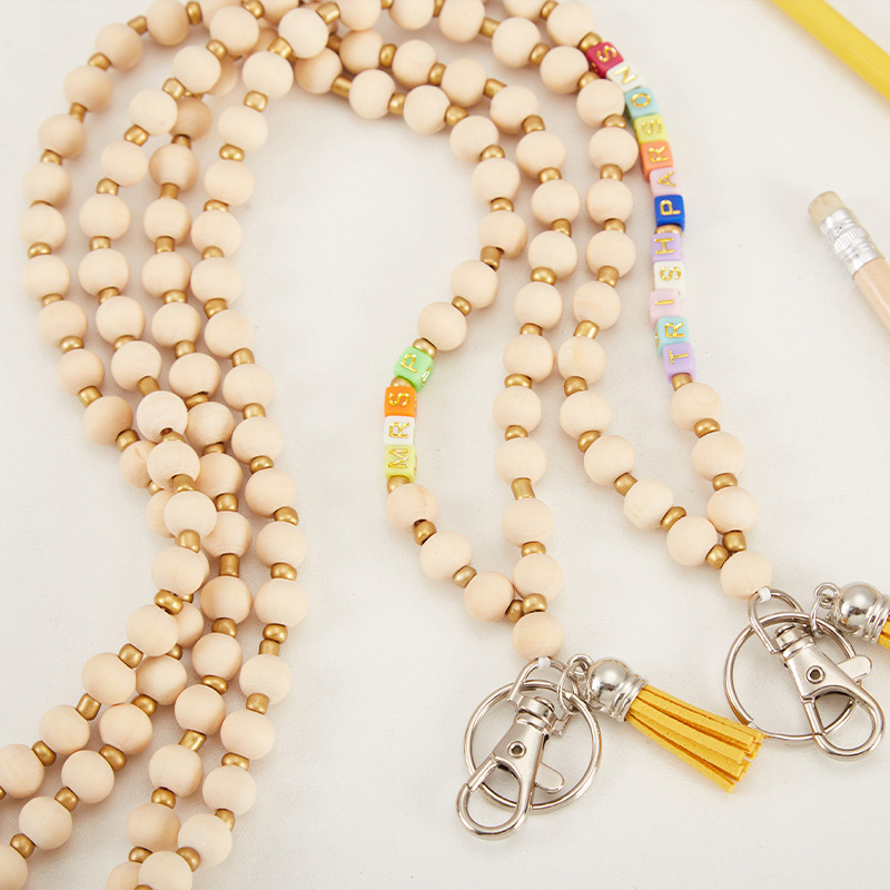 Personalized Coloured Tassel Wooden Bead Teacher Lanyard