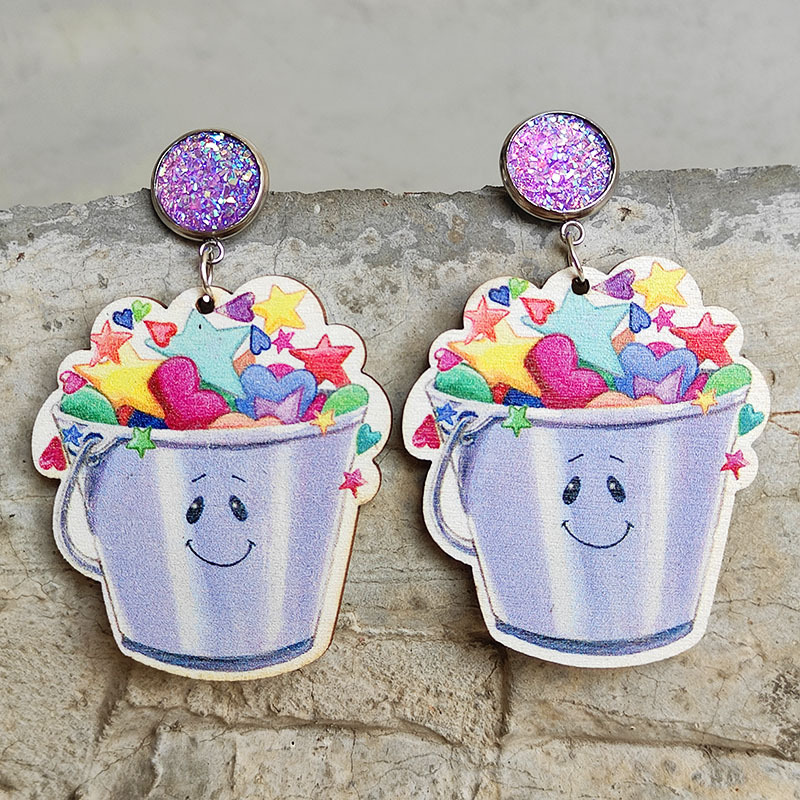 Cartoon Stars And Hearts Wooden Earrings