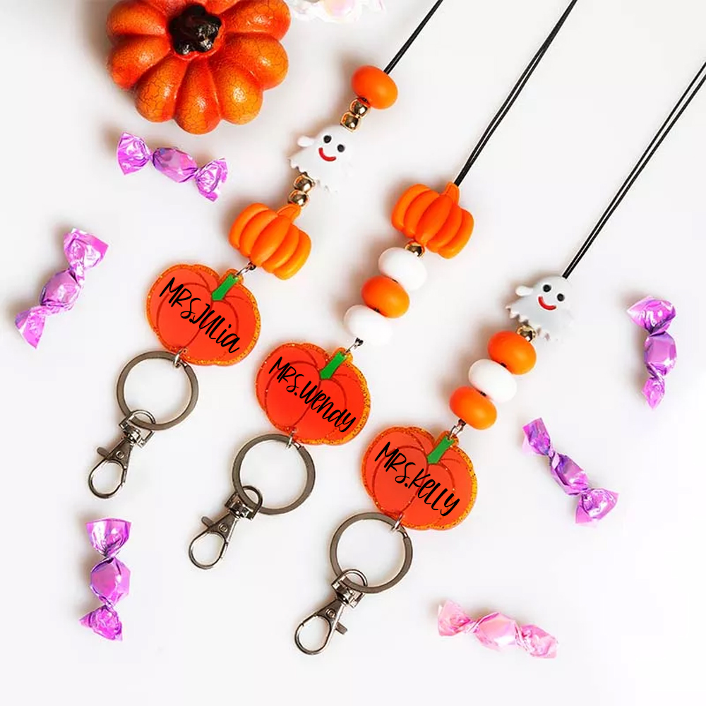 Cute Ghost Pumpkin Beaded Lanyard