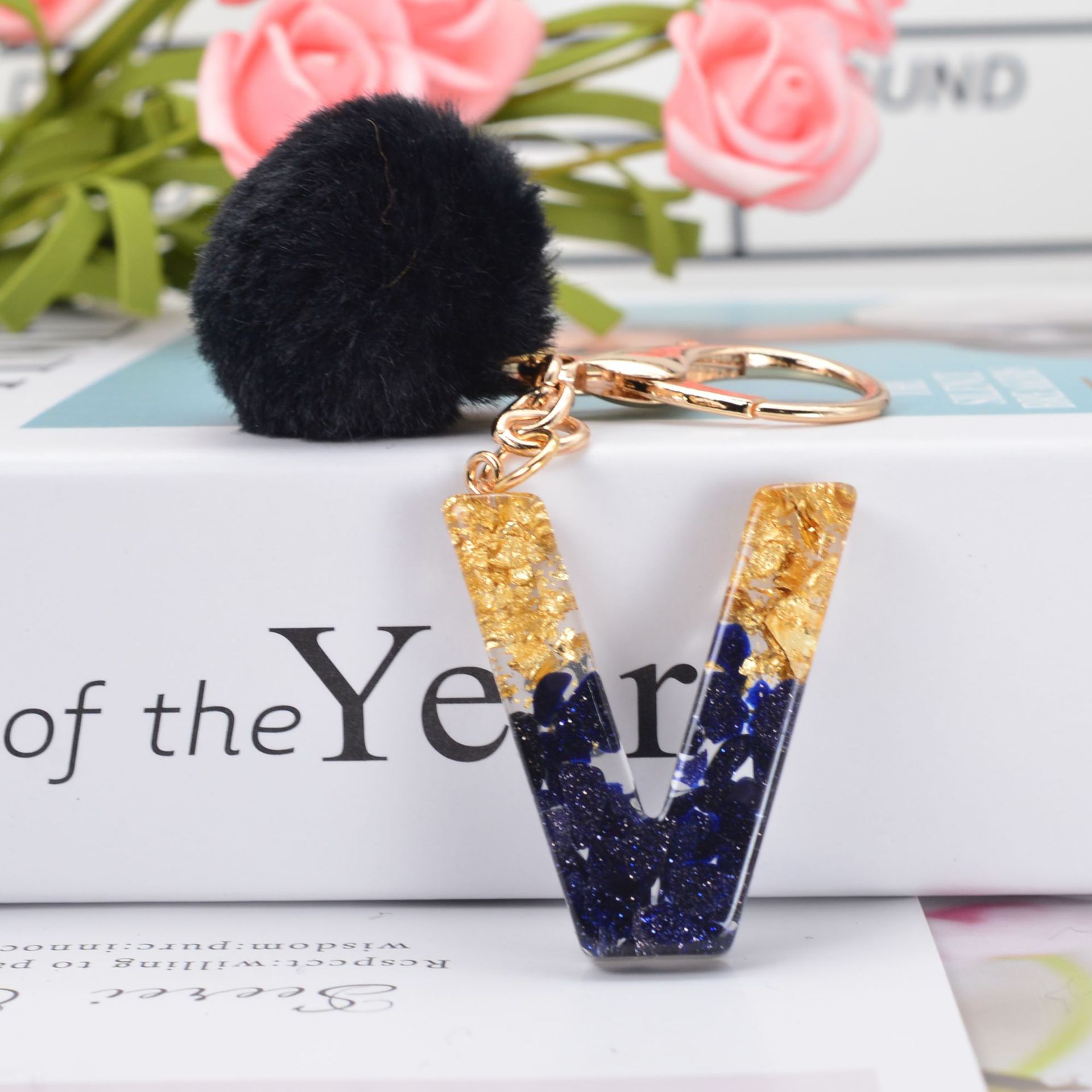 Black Crystal Drop Glue 26 Letter Keychain