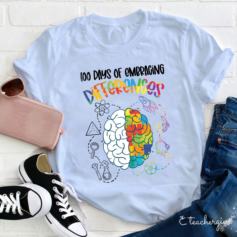 100 Days Of Embracing Differences Puzzle Brain Rocket Teacher T-Shirt