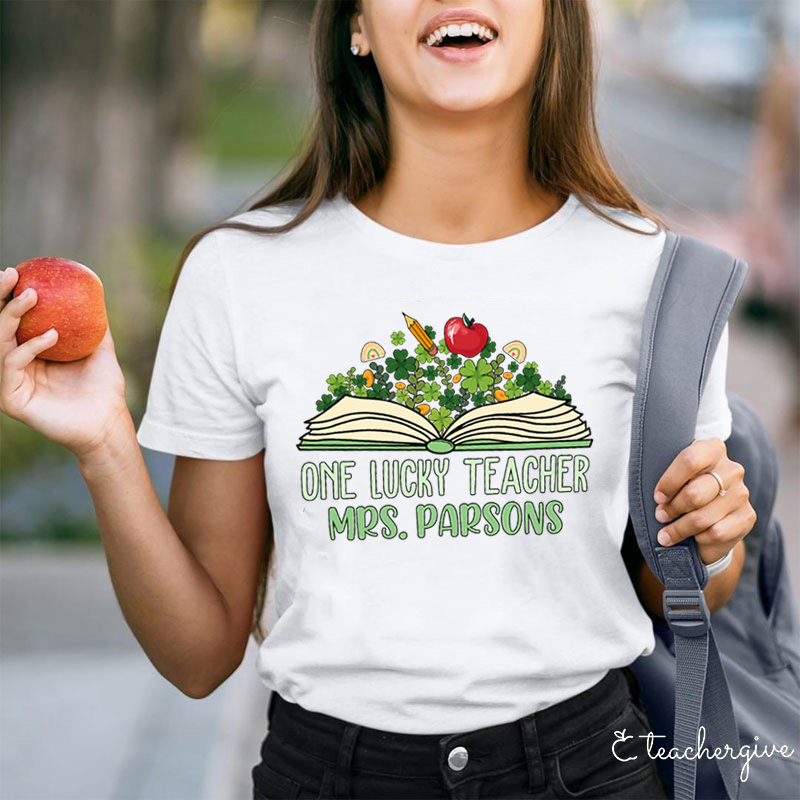 Personalized Name One Lucky Teacher Book And Cloves Teacher T-Shirt