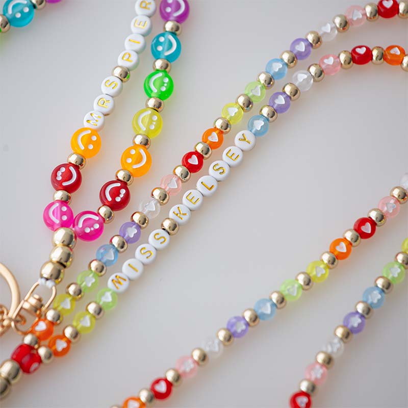 Personalized Teacher Name Rainbow Colors Smiles And Hearts  Beaded Lanyard