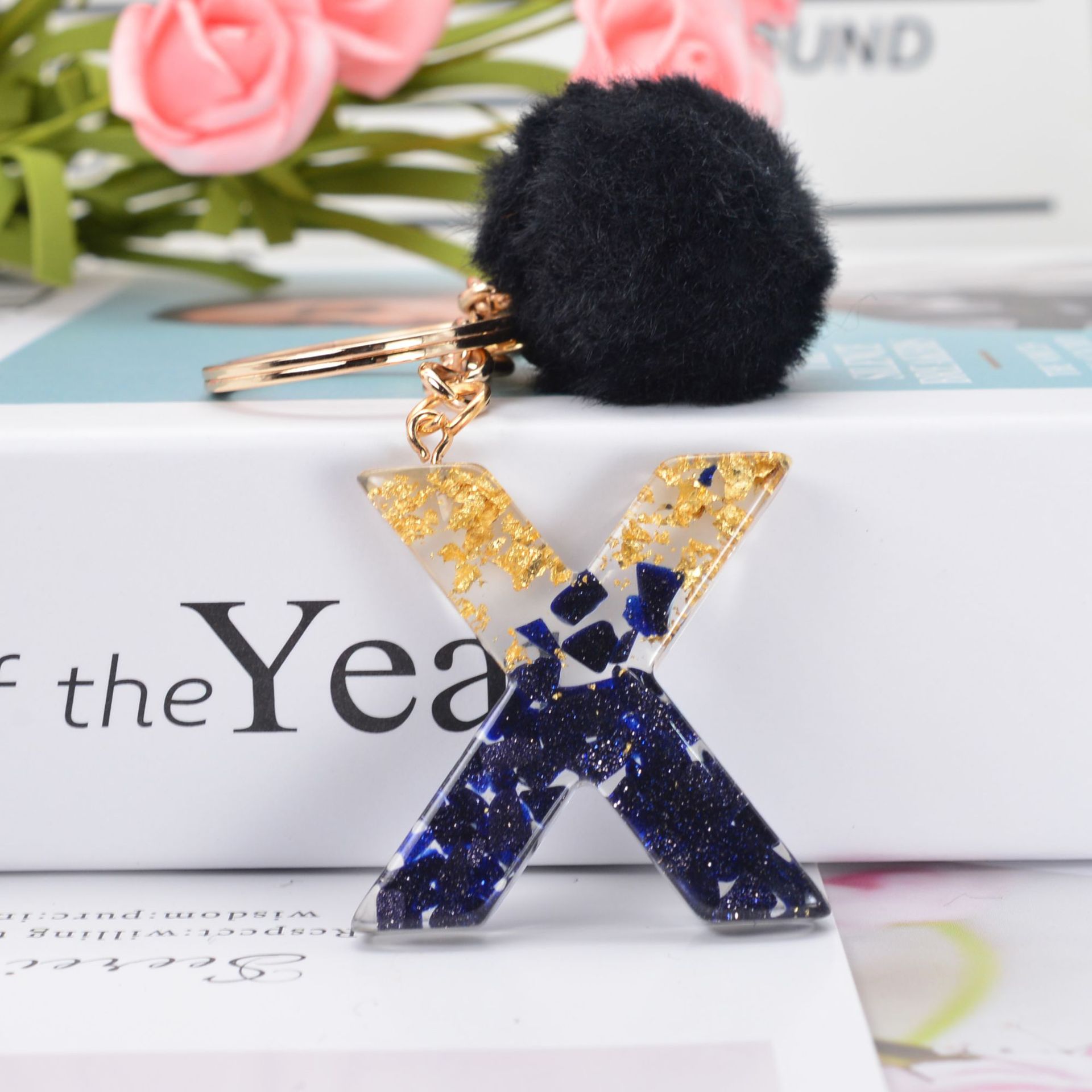 Black Crystal Drop Glue 26 Letter Keychain