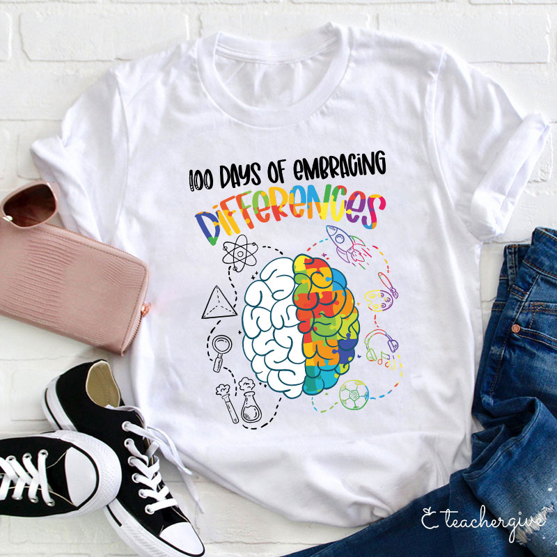 100 Days Of Embracing Differences Puzzle Brain Rocket Teacher T-Shirt