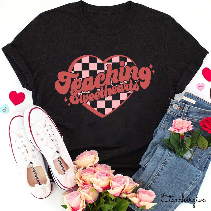 Teaching Sweethearts Checkerboard Grid Heart Teacher T-Shirt
