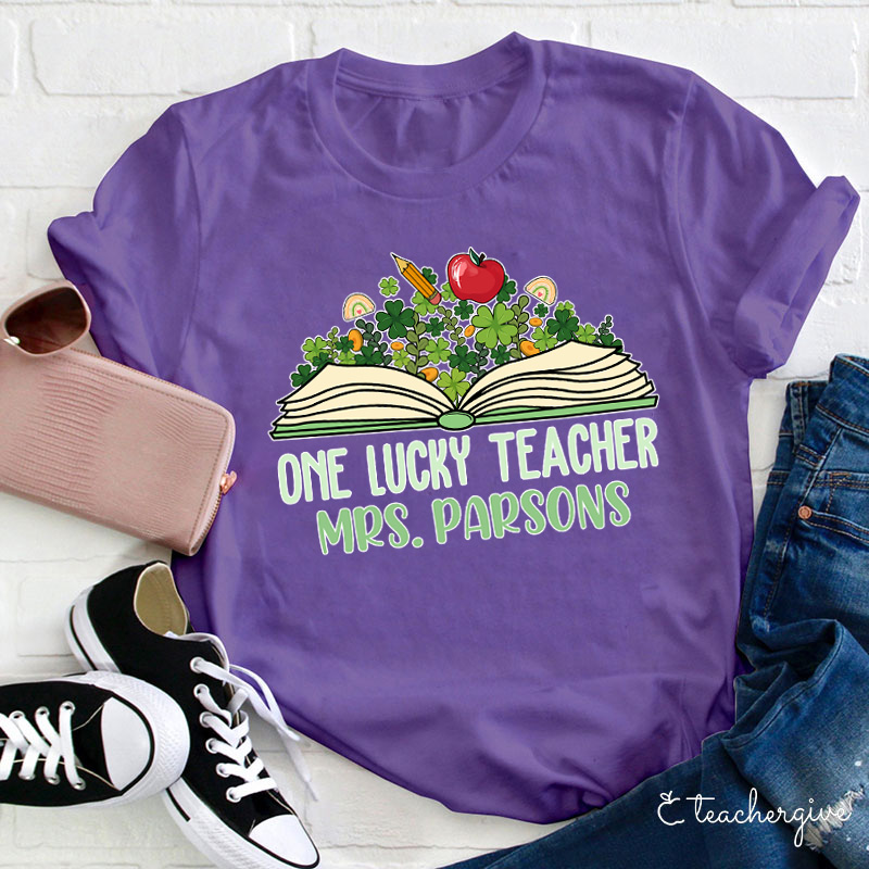 Personalized Name One Lucky Teacher Book And Cloves Teacher T-Shirt