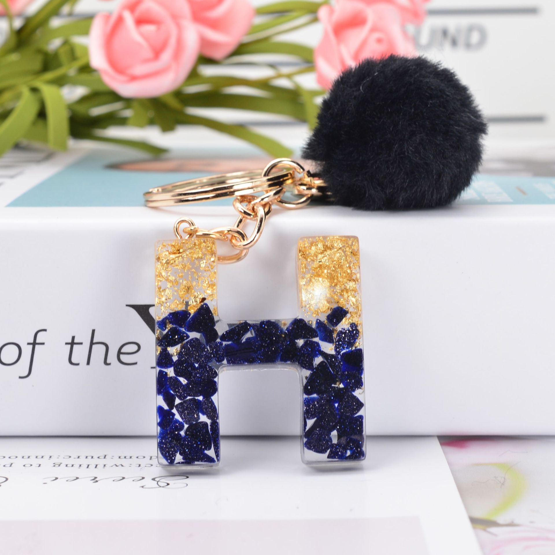 Black Crystal Drop Glue 26 Letter Keychain