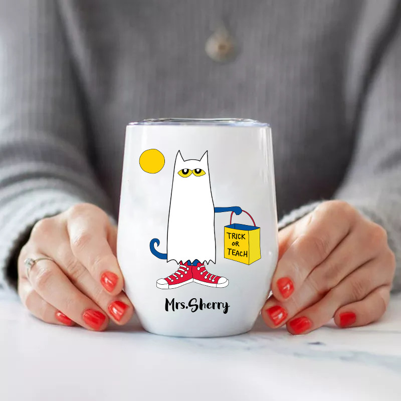 Personalized Trick Or Teach Ghost Cat Wine Tumbler