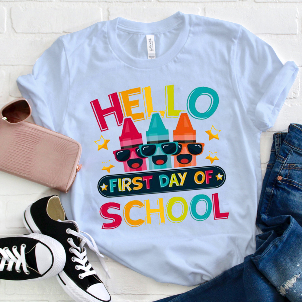 Hello First Day Of School Crayons Wearing Glasses  T-Shirt