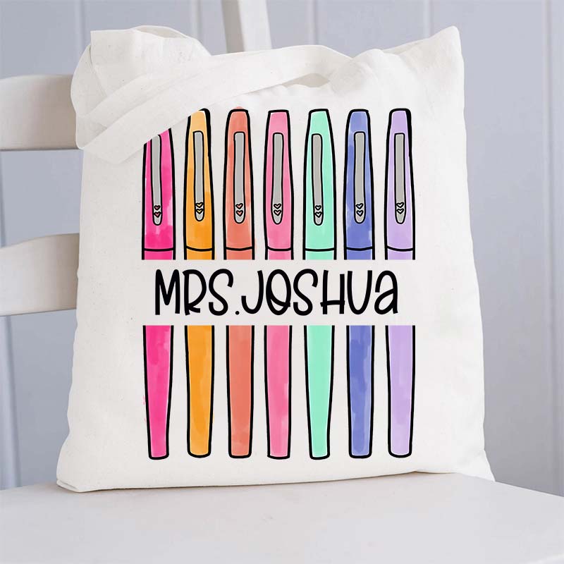 Personalized Colored Pens Teacher Name Tote Bag