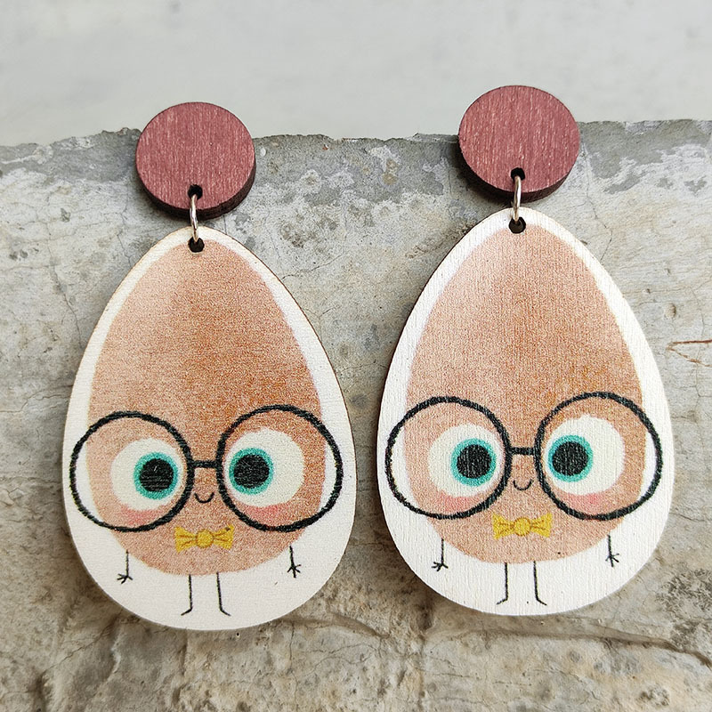 Cute Egg Wearing Glasses Wooden Earrings