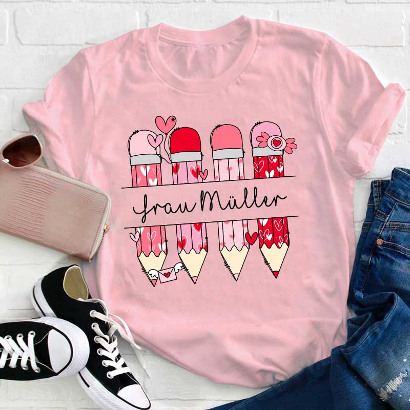 Personalisiert Rosa Bleistift Name Lehrer T-Shirt