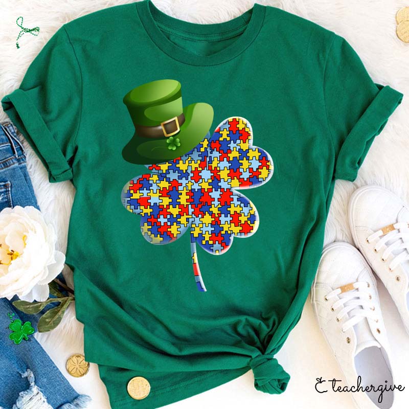 Puzzle Clover Wearing Leprechaun Hat Teacher T-Shirt