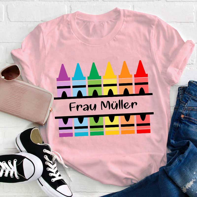 Personalisiert Name Bunte Bleistifte Lehrer T-Shirt