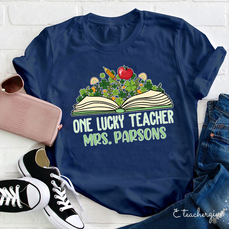 Personalized Name One Lucky Teacher Book And Cloves Teacher T-Shirt