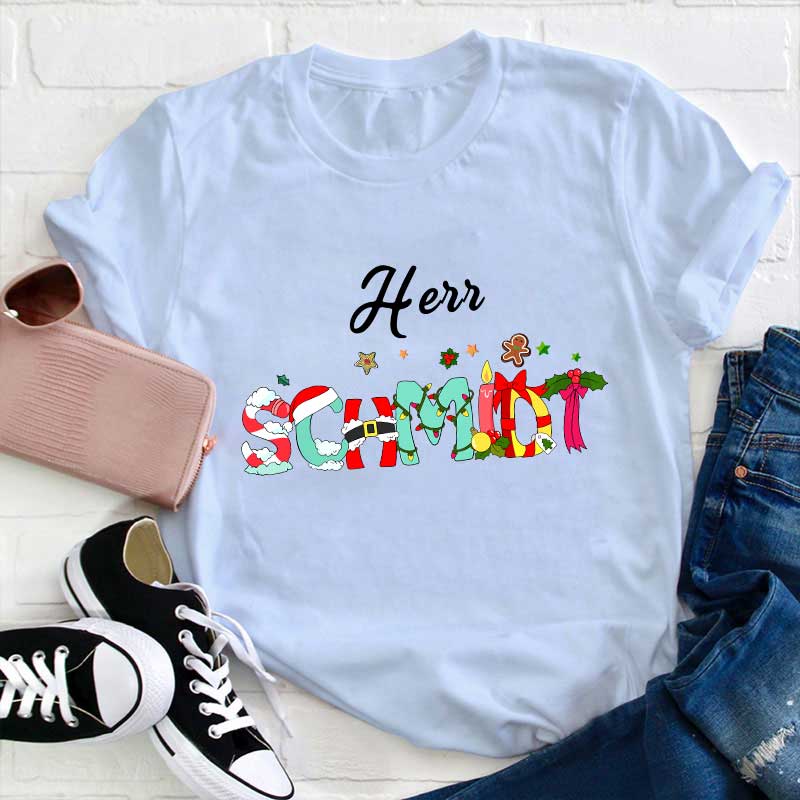 Weihnachten Personalisiertes Name Lehrer T-Shirt