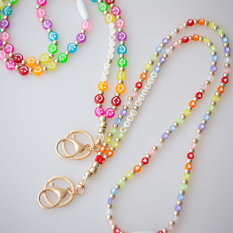 Personalized Teacher Name Rainbow Colors Smiles And Hearts  Beaded Lanyard