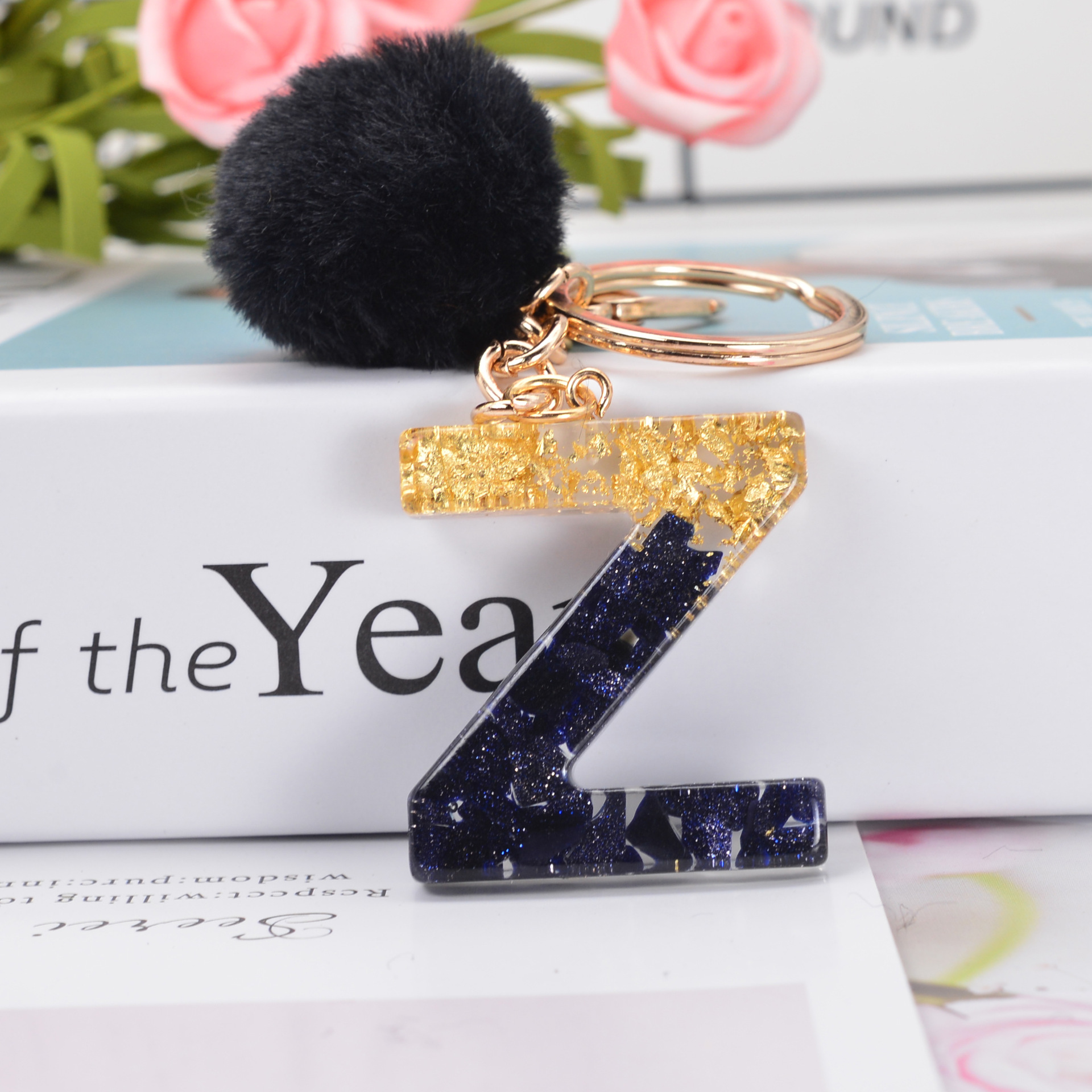 Black Crystal Drop Glue 26 Letter Keychain